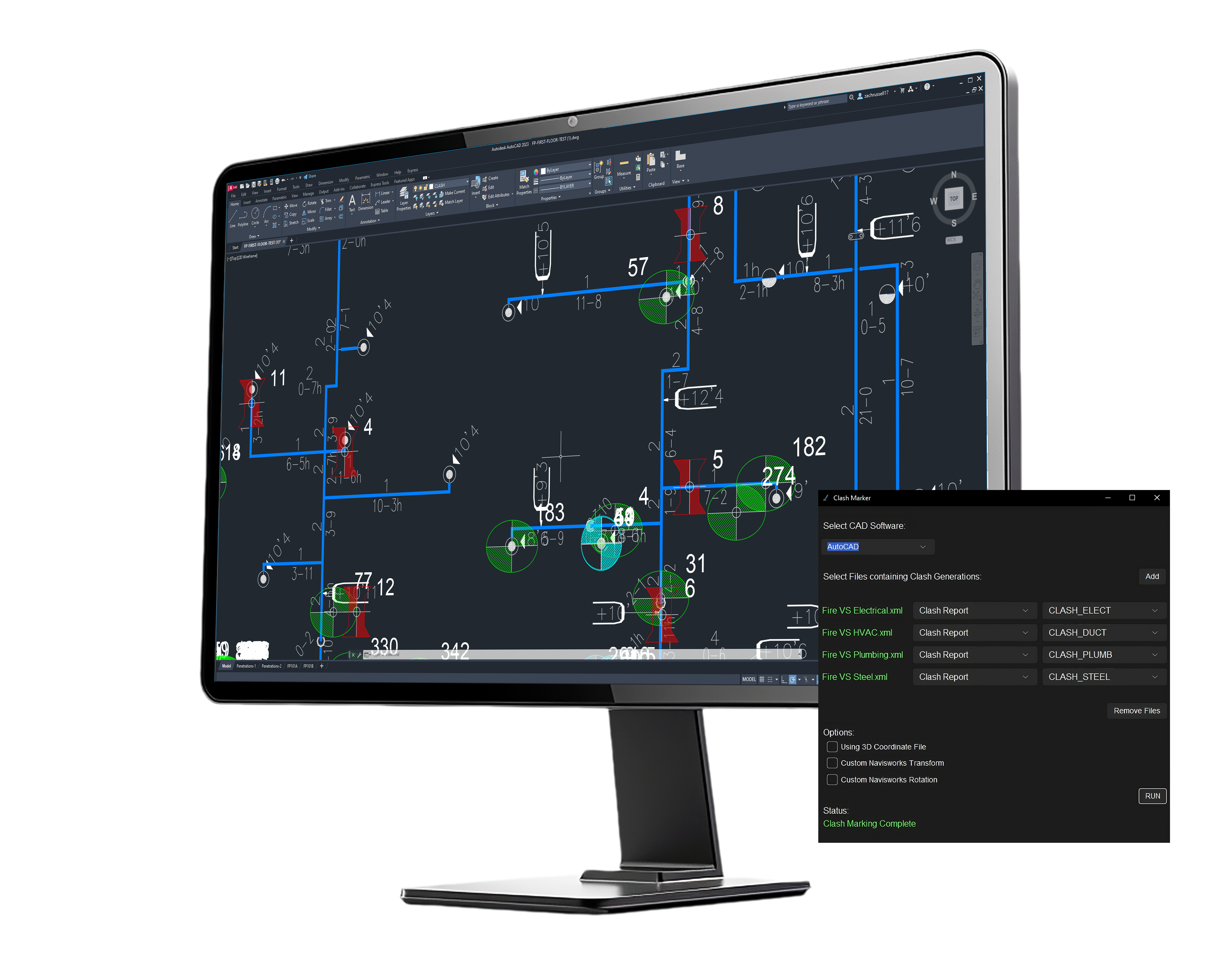 AutoCAD drawing with marked clashes by Clash Marker.